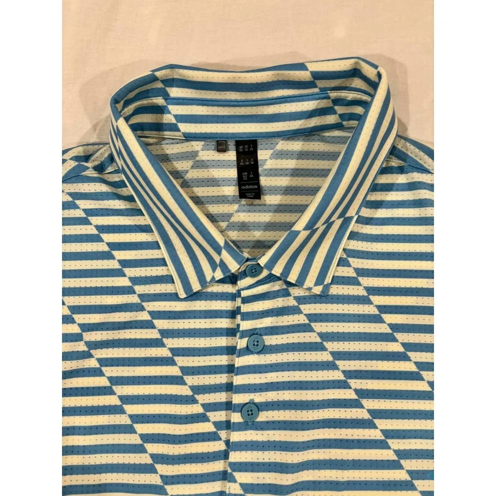 Adidas Mens Golf Polo Shirt Blue‎ White Striped Conquistador 2XL Geometric Mesh